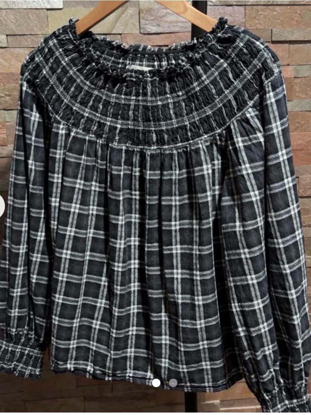 Universal Thread Black & White Plaid Smocked Neck Blouse Size Medium